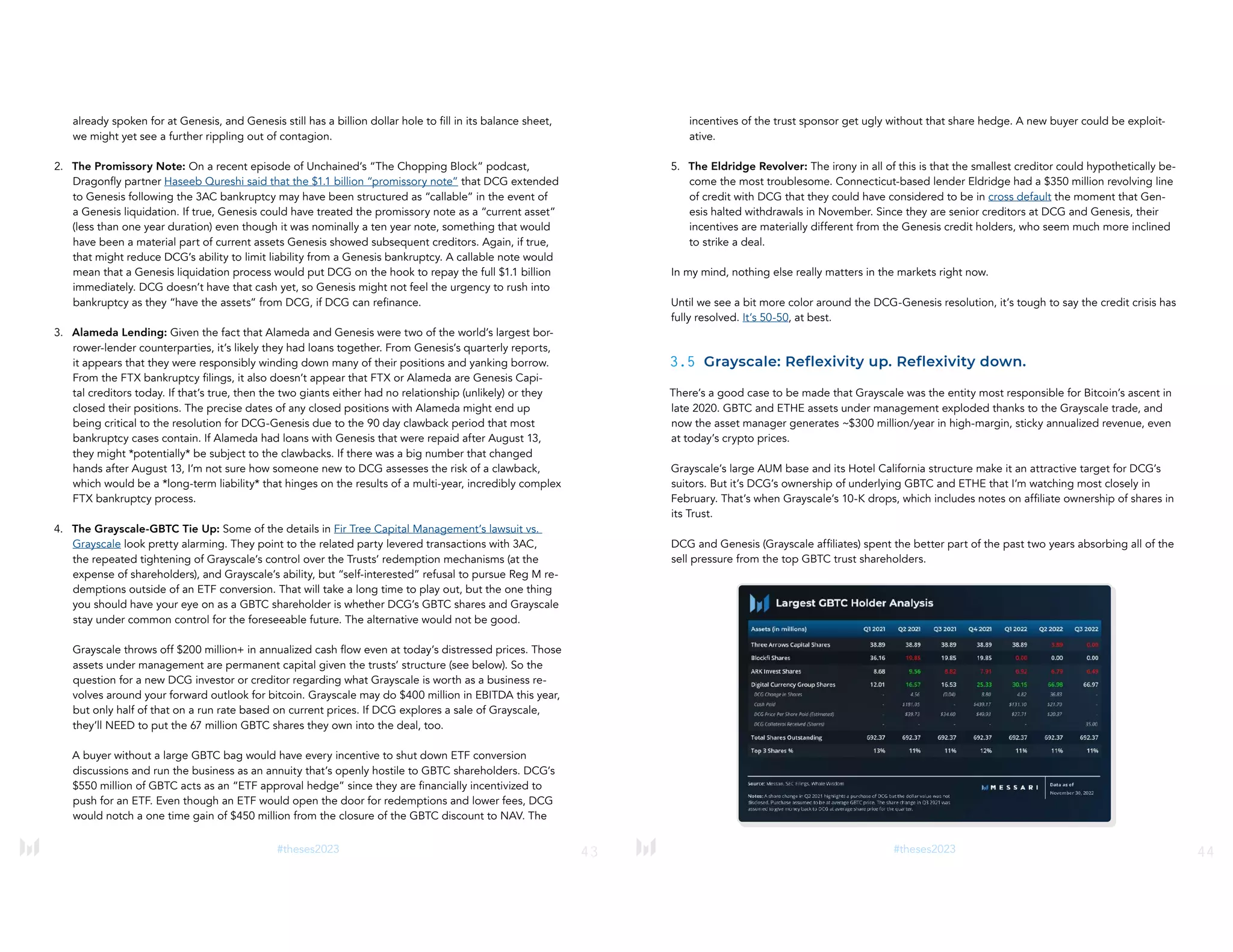 43
#theses2023
already spoken for at Genesis, and Genesis still has a billion dollar hole to fill in its balance sheet,
we might yet see a further rippling out of contagion.
2. The Promissory Note: On a recent episode of Unchained’s “The Chopping Block” podcast,
Dragonfly partner Haseeb Qureshi said that the $1.1 billion “promissory note” that DCG extended
to Genesis following the 3AC bankruptcy may have been structured as “callable” in the event of
a Genesis liquidation. If true, Genesis could have treated the promissory note as a “current asset”
(less than one year duration) even though it was nominally a ten year note, something that would
have been a material part of current assets Genesis showed subsequent creditors. Again, if true,
that might reduce DCG’s ability to limit liability from a Genesis bankruptcy. A callable note would
mean that a Genesis liquidation process would put DCG on the hook to repay the full $1.1 billion
immediately. DCG doesn’t have that cash yet, so Genesis might not feel the urgency to rush into
bankruptcy as they “have the assets” from DCG, if DCG can refinance.
3. Alameda Lending: Given the fact that Alameda and Genesis were two of the world’s largest bor-
rower-lender counterparties, it’s likely they had loans together. From Genesis’s quarterly reports,
it appears that they were responsibly winding down many of their positions and yanking borrow.
From the FTX bankruptcy filings, it also doesn’t appear that FTX or Alameda are Genesis Capi-
tal creditors today. If that’s true, then the two giants either had no relationship (unlikely) or they
closed their positions. The precise dates of any closed positions with Alameda might end up
being critical to the resolution for DCG-Genesis due to the 90 day clawback period that most
bankruptcy cases contain. If Alameda had loans with Genesis that were repaid after August 13,
they might *potentially* be subject to the clawbacks. If there was a big number that changed
hands after August 13, I’m not sure how someone new to DCG assesses the risk of a clawback,
which would be a *long-term liability* that hinges on the results of a multi-year, incredibly complex
FTX bankruptcy process.
4. The Grayscale-GBTC Tie Up: Some of the details in Fir Tree Capital Management’s lawsuit vs.
Grayscale look pretty alarming. They point to the related party levered transactions with 3AC,
the repeated tightening of Grayscale’s control over the Trusts’ redemption mechanisms (at the
expense of shareholders), and Grayscale’s ability, but “self-interested” refusal to pursue Reg M re-
demptions outside of an ETF conversion. That will take a long time to play out, but the one thing
you should have your eye on as a GBTC shareholder is whether DCG’s GBTC shares and Grayscale
stay under common control for the foreseeable future. The alternative would not be good.
Grayscale throws off $200 million+ in annualized cash flow even at today’s distressed prices. Those
assets under management are permanent capital given the trusts’ structure (see below). So the
question for a new DCG investor or creditor regarding what Grayscale is worth as a business re-
volves around your forward outlook for bitcoin. Grayscale may do $400 million in EBITDA this year,
but only half of that on a run rate based on current prices. If DCG explores a sale of Grayscale,
they’ll NEED to put the 67 million GBTC shares they own into the deal, too.
A buyer without a large GBTC bag would have every incentive to shut down ETF conversion
discussions and run the business as an annuity that’s openly hostile to GBTC shareholders. DCG’s
$550 million of GBTC acts as an “ETF approval hedge” since they are financially incentivized to
push for an ETF. Even though an ETF would open the door for redemptions and lower fees, DCG
would notch a one time gain of $450 million from the closure of the GBTC discount to NAV. The
44
#theses2023
incentives of the trust sponsor get ugly without that share hedge. A new buyer could be exploit-
ative.
5. The Eldridge Revolver: The irony in all of this is that the smallest creditor could hypothetically be-
come the most troublesome. Connecticut-based lender Eldridge had a $350 million revolving line
of credit with DCG that they could have considered to be in cross default the moment that Gen-
esis halted withdrawals in November. Since they are senior creditors at DCG and Genesis, their
incentives are materially different from the Genesis credit holders, who seem much more inclined
to strike a deal.
In my mind, nothing else really matters in the markets right now.
Until we see a bit more color around the DCG-Genesis resolution, it’s tough to say the credit crisis has
fully resolved. It’s 50-50, at best.
3.5 Grayscale: Reflexivity up. Reflexivity down.
There’s a good case to be made that Grayscale was the entity most responsible for Bitcoin’s ascent in
late 2020. GBTC and ETHE assets under management exploded thanks to the Grayscale trade, and
now the asset manager generates ~$300 million/year in high-margin, sticky annualized revenue, even
at today’s crypto prices.
Grayscale’s large AUM base and its Hotel California structure make it an attractive target for DCG’s
suitors. But it’s DCG’s ownership of underlying GBTC and ETHE that I’m watching most closely in
February. That’s when Grayscale’s 10-K drops, which includes notes on affiliate ownership of shares in
its Trust.
DCG and Genesis (Grayscale affiliates) spent the better part of the past two years absorbing all of the
sell pressure from the top GBTC trust shareholders.
 