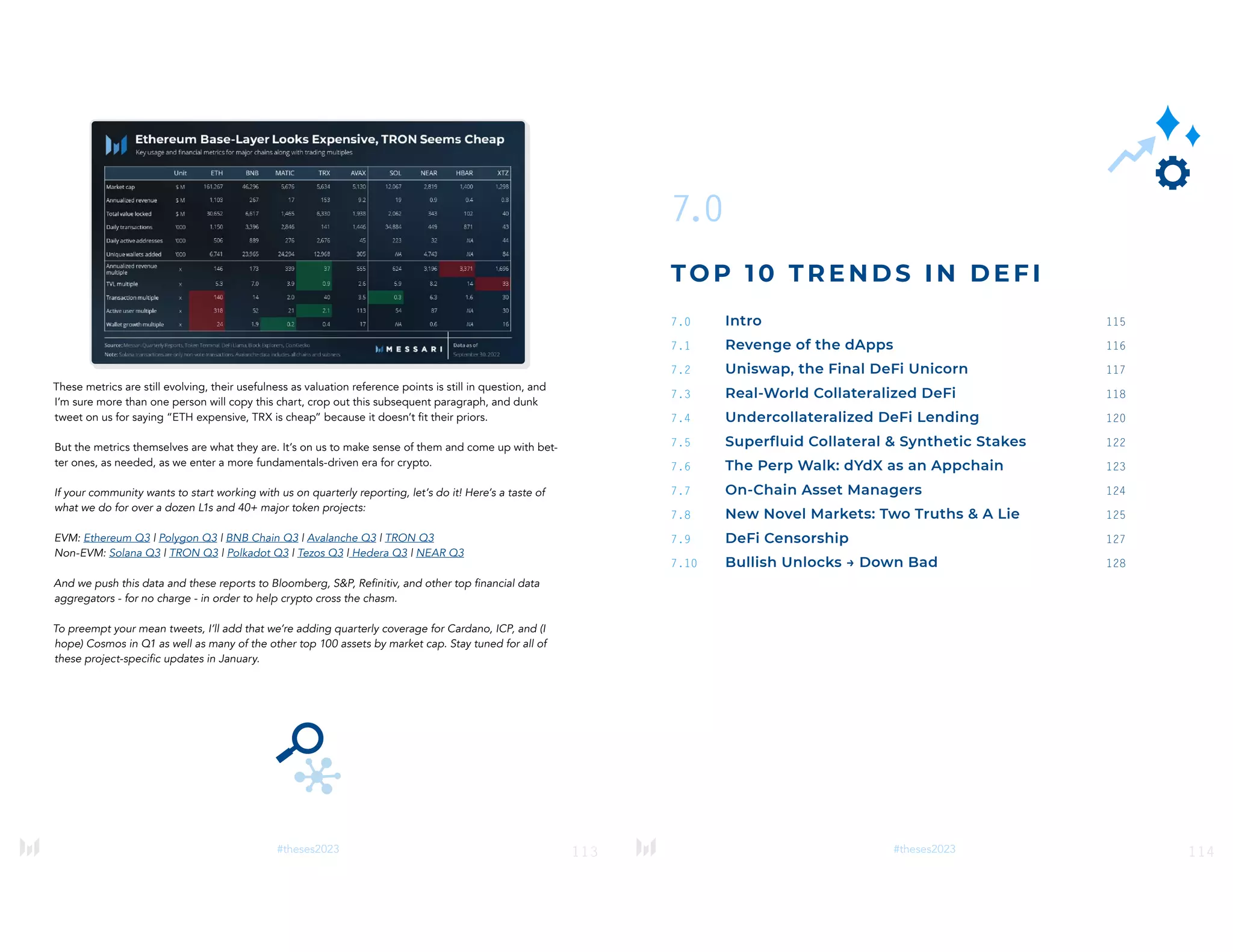 113
#theses2023
These metrics are still evolving, their usefulness as valuation reference points is still in question, and
I’m sure more than one person will copy this chart, crop out this subsequent paragraph, and dunk
tweet on us for saying “ETH expensive, TRX is cheap” because it doesn’t fit their priors.
But the metrics themselves are what they are. It’s on us to make sense of them and come up with bet-
ter ones, as needed, as we enter a more fundamentals-driven era for crypto.
If your community wants to start working with us on quarterly reporting, let’s do it! Here’s a taste of
what we do for over a dozen L1s and 40+ major token projects:
EVM: Ethereum Q3 | Polygon Q3 | BNB Chain Q3 | Avalanche Q3 | TRON Q3
Non-EVM: Solana Q3 | TRON Q3 | Polkadot Q3 | Tezos Q3 | Hedera Q3 | NEAR Q3
And we push this data and these reports to Bloomberg, S&P, Refinitiv, and other top financial data
aggregators - for no charge - in order to help crypto cross the chasm.
To preempt your mean tweets, I’ll add that we’re adding quarterly coverage for Cardano, ICP, and (I
hope) Cosmos in Q1 as well as many of the other top 100 assets by market cap. Stay tuned for all of
these project-specific updates in January.
114
#theses2023
7
.0
TOP 10 TRENDS IN DEFI
7.0 Intro 115
7.1 Revenge of the dApps 116
7.2 Uniswap, the Final DeFi Unicorn 117
7.3 Real-World Collateralized DeFi 118
7.4 Undercollateralized DeFi Lending 120
7.5 Superfluid Collateral & Synthetic Stakes 122
7.6 The Perp Walk: dYdX as an Appchain 123
7.7 On-Chain Asset Managers 124
7.8 New Novel Markets: Two Truths & A Lie 125
7.9 DeFi Censorship 127
7.10 Bullish Unlocks → Down Bad 128
 