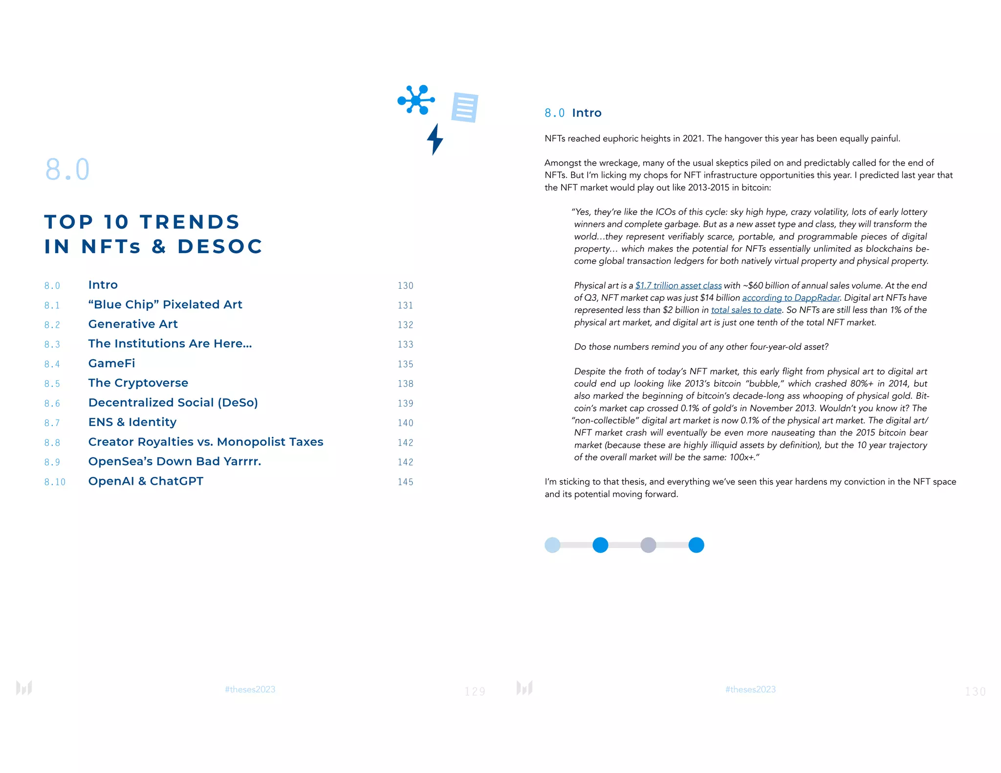 129
#theses2023
8.0
TOP 1 0 T RE NDS
IN NF Ts & DESOC
8.0 Intro 130
8.1 “Blue Chip” Pixelated Art 131
8.2 Generative Art 132
8.3 The Institutions Are Here... 133
8.4 GameFi 135
8.5 The Cryptoverse 138
8.6 Decentralized Social (DeSo) 139
8.7 ENS & Identity 140
8.8 Creator Royalties vs. Monopolist Taxes 142
8.9 OpenSea’s Down Bad Yarrrr. 142
8.10 OpenAI & ChatGPT 145
130
#theses2023
8.0 Intro
NFTs reached euphoric heights in 2021. The hangover this year has been equally painful.
Amongst the wreckage, many of the usual skeptics piled on and predictably called for the end of
NFTs. But I’m licking my chops for NFT infrastructure opportunities this year. I predicted last year that
the NFT market would play out like 2013-2015 in bitcoin:
“Yes, they’re like the ICOs of this cycle: sky high hype, crazy volatility, lots of early lottery
winners and complete garbage. But as a new asset type and class, they will transform the
world…they represent verifiably scarce, portable, and programmable pieces of digital
property… which makes the potential for NFTs essentially unlimited as blockchains be-
come global transaction ledgers for both natively virtual property and physical property.
Physical art is a $1.7 trillion asset class with ~$60 billion of annual sales volume. At the end
of Q3, NFT market cap was just $14 billion according to DappRadar. Digital art NFTs have
represented less than $2 billion in total sales to date. So NFTs are still less than 1% of the
physical art market, and digital art is just one tenth of the total NFT market.
Do those numbers remind you of any other four-year-old asset?
Despite the froth of today’s NFT market, this early flight from physical art to digital art
could end up looking like 2013’s bitcoin “bubble,” which crashed 80%+ in 2014, but
also marked the beginning of bitcoin’s decade-long ass whooping of physical gold. Bit-
coin’s market cap crossed 0.1% of gold’s in November 2013. Wouldn’t you know it? The
“non-collectible” digital art market is now 0.1% of the physical art market. The digital art/
NFT market crash will eventually be even more nauseating than the 2015 bitcoin bear
market (because these are highly illiquid assets by definition), but the 10 year trajectory
of the overall market will be the same: 100x+.”
I’m sticking to that thesis, and everything we’ve seen this year hardens my conviction in the NFT space
and its potential moving forward.
 