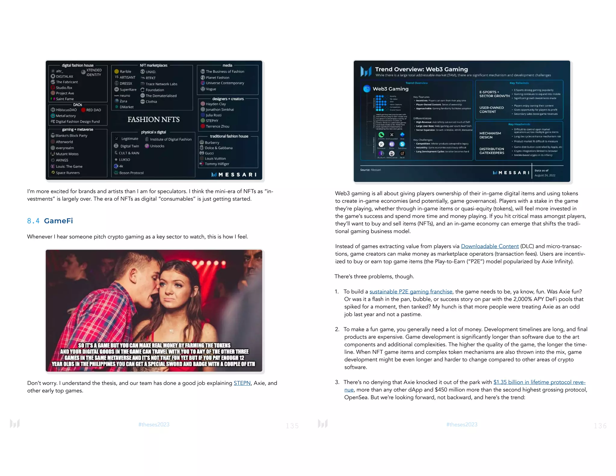 135
#theses2023
I’m more excited for brands and artists than I am for speculators. I think the mini-era of NFTs as “in-
vestments” is largely over. The era of NFTs as digital “consumables” is just getting started.
8.4 GameFi
Whenever I hear someone pitch crypto gaming as a key sector to watch, this is how I feel.
Don’t worry. I understand the thesis, and our team has done a good job explaining STEPN, Axie, and
other early top games.
136
#theses2023
Web3 gaming is all about giving players ownership of their in-game digital items and using tokens
to create in-game economies (and potentially, game governance). Players with a stake in the game
they’re playing, whether through in-game items or quasi-equity (tokens), will feel more invested in
the game’s success and spend more time and money playing. If you hit critical mass amongst players,
they’ll want to buy and sell items (NFTs), and an in-game economy can emerge that shifts the tradi-
tional gaming business model.
Instead of games extracting value from players via Downloadable Content (DLC) and micro-transac-
tions, game creators can make money as marketplace operators (transaction fees). Users are incentiv-
ized to buy or earn top game items (the Play-to-Earn (“P2E”) model popularized by Axie Infinity).
There’s three problems, though.
1. To build a sustainable P2E gaming franchise, the game needs to be, ya know, fun. Was Axie fun?
Or was it a flash in the pan, bubble, or success story on par with the 2,000% APY DeFi pools that
spiked for a moment, then tanked? My hunch is that more people were treating Axie as an odd
job last year and not a pastime.
2. To make a fun game, you generally need a lot of money. Development timelines are long, and final
products are expensive. Game development is significantly longer than software due to the art
components and additional complexities. The higher the quality of the game, the longer the time-
line. When NFT game items and complex token mechanisms are also thrown into the mix, game
development might be even longer and harder to change compared to other areas of crypto
software.
3. There’s no denying that Axie knocked it out of the park with $1.35 billion in lifetime protocol reve-
nue, more than any other dApp and $450 million more than the second highest grossing protocol,
OpenSea. But we’re looking forward, not backward, and here’s the trend:
 