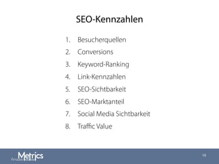 SEO-Kennzahlen
1.  Besucherquellen
2.  Conversions
3.  Keyword-Ranking
4.  Link-Kennzahlen
5.  SEO-Sichtbarkeit
6.  SEO-Marktanteil
7.  Social Media Sichtbarkeit
8.  Traﬃc Value
10
 