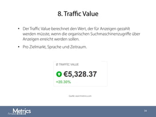 8. Traﬃc Value
34
•  Der Traﬃc Value berechnet den Wert, der für Anzeigen gezahlt
werden müsste, wenn die organischen Suchmaschinenzugriﬀe über
Anzeigen erreicht werden sollen.
•  Pro Zielmarkt, Sprache und Zeitraum.
Quelle: searchmetrics.com
 