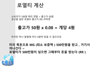 로열티 계산
소비자가 100원 짜리 연필 = 출고가 50원
공산품 일반 로열티 출고가 8% 라하면
출고가 50원 x 0.08 = 개당 4원
하지만 하나 팔릴때 마다 4원씩 받을 수 없으므로
미리 목돈으로 MG (최소 보증액 ) 500만원을 받고 , 거기서
까나간다 ~
로열티가 500만원이 넘으면 그때부터 돈을 받는다 (RR )
 