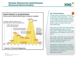 Soziale Netzwerke beeinflussen
Konsumentenverhalten
Der Fall Kryptonite
Findige Biker entdeckten ,dass sich
Kryptonite-Fahradschlösser mit Hilfe
eines billigen Plastikkugelschreibers
in Sekundenschnelle knacken lassen.
Diesen Trick demonstrierten sie auf
einem Video in einem Forum für
Fahrradfreunde.
Diese Info erreicht nach einer Woche
nach Schätzungen über 1,8 Mio
Menschen. Kryptonite aber schweigt
hartnäckig und reagierte nicht auf E-
Mails.
Das Video verbreitet sich weiter. Die
New York Times, der „Boston Globe“
und die Nachrichtenagentur AP
nehmen die Story auf.
Kryptonite ist gezwungen zu einem
kostenlosen Austausch der Schlösser.
Kostenpunkt laut Berechnungen des
US magazins „Furtune“ etwa 10 Mio.
Dollar und ein immenser
Reputationsverlust
-
Quelle:
CT magazin 19/2005, Seite 148
Fortune Magazine
 