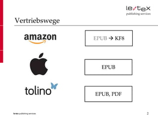 Vertriebswege

                             EPUB  KF8




                               EPUB




                             EPUB, PDF


le-tex publishing services                2
 