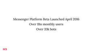 Messenger Platform Beta Launched April 2016
Over 1Bn monthly users
Over 33k bots
 