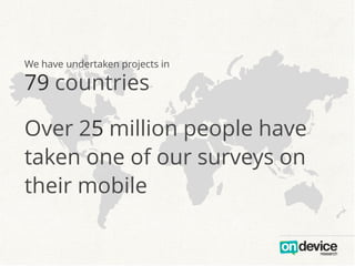 We have undertaken projects in
79 countries
Over 25 million people have
taken one of our surveys on
their mobile
 