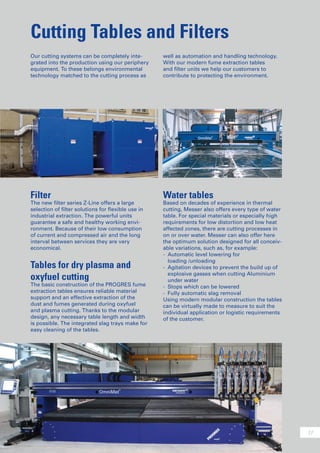 17
Cutting Tables and Filters
Our cutting systems can be completely inte-
grated into the production using our periphery
equipment. To these belongs environmental
technology matched to the cutting process as
well as automation and handling technology.
With our modern fume extraction tables
and filter units we help our customers to
contribute to protecting the environment.
Filter
The new filter series Z-Line offers a large
selection of filter solutions for flexible use in
industrial extraction. The powerful units
guarantee a safe and healthy working envi-
ronment. Because of their low consumption
of current and compressed air and the long
interval between services they are very
economical.
Tables for dry plasma and
oxyfuel cutting
The basic construction of the PROGRES fume
extraction tables ensures reliable material
support and an effective extraction of the
dust and fumes generated during oxyfuel
and plasma cutting. Thanks to the modular
design, any necessary table length and width
is possible. The integrated slag trays make for
easy cleaning of the tables.
Water tables
Based on decades of experience in thermal
cutting, Messer also offers every type of water
table. For special materials or especially high
requirements for low distortion and low heat
affected zones, there are cutting processes in
on or over water. Messer can also offer here
the optimum solution designed for all conceiv-
able variations, such as, for example:
-	 Automatic level lowering for
	 loading /unloading
-	 Agitation devices to prevent the build up of
	 explosive gasses when cutting Aluminium
	 under water
-	 Stops which can be lowered
-	 Fully automatic slag removal
Using modern modular construction the tables
can be virtually made to measure to suit the
individual application or logistic requirements
of the customer.
 