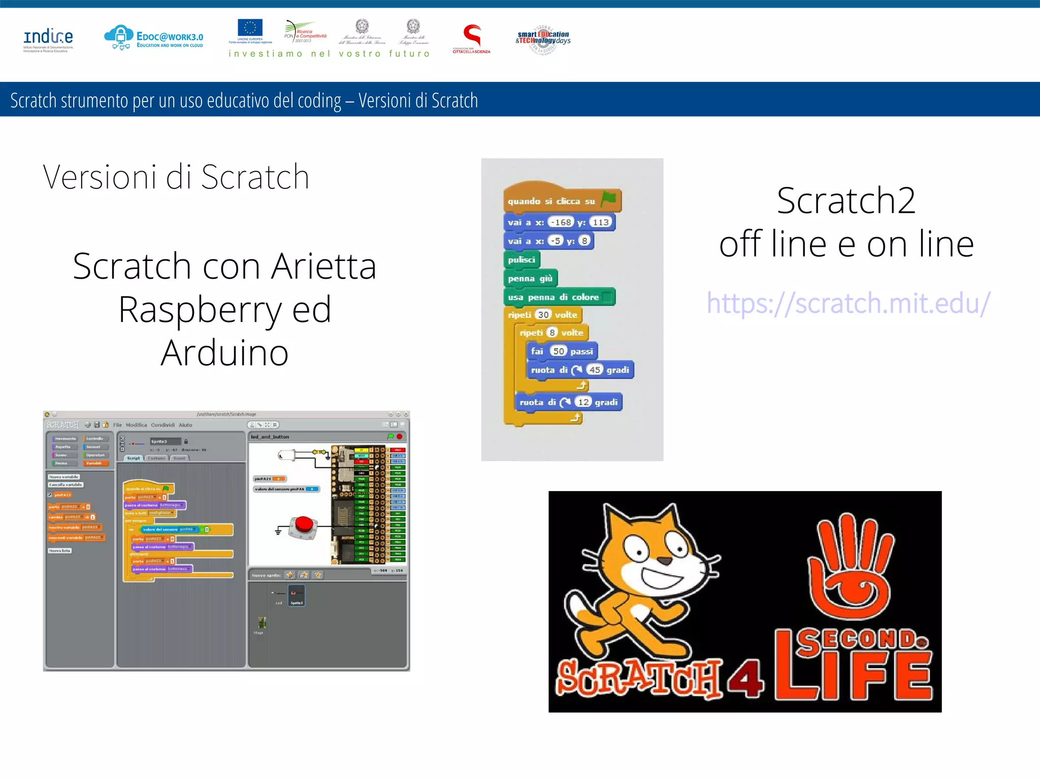 Scratch strumento per un uso educativo del coding – Versioni di Scratch
Versioni di Scratch
Scratch con Arietta
Raspberry ed
Arduino
Scratch2
off line e on line
https://scratch.mit.edu/
 