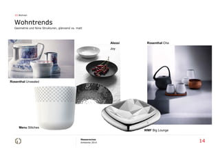 03 Wohnen

Wohntrends
Geometrie und feine Strukturen, glänzend vs. matt

Alessi

Rosenthal Cha

Joy

Rosenthal Unsealed

Menu Stitches

WMF Big Lounge
Messereview
Ambiente 2014

14

 