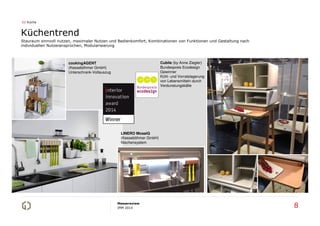 02 Küche

Küchentrend
Stauraum sinnvoll nutzen, maximaler Nutzen und Bedienkomfort, Kombinationen von Funktionen und Gestaltung nach
individuellen Nutzeransprüchen, Modularisierung

Cubile (by Anne Ziegler)
Bundespreis Ecodesign
Gewinner
Kühl- und Vorratslagerung
von Lebensmitteln durch
Verdunstungskälte

cookingAGENT
(Kesseböhmer GmbH)
Unterschrank-Vollauszug

LINERO MosaiQ
(Kesseböhmer GmbH)
Nischensystem

Messereview
IMM 2014

8

 