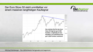 Michael Kelnberger - Der Aktienboom hat gerade erst begonnen
Der Euro Stoxx 50 steht unmittelbar vor
einem massiven langfristigen Kaufsignal
Das nächste Ziel für den Euro
Stoxx 50 liegt bei gut 4.500
Punkten. Langfristig ist eine
Rückkehr zum Allzeithoch bei
gut 5.500 Punkten realistisch
 