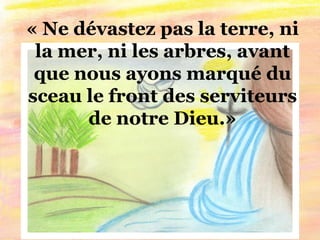 « Ne dévastez pas la terre, ni
la mer, ni les arbres, avant
que nous ayons marqué du
sceau le front des serviteurs
de notre Dieu.»
 