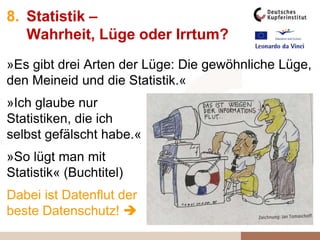 8. Statistik –
Wahrheit, Lüge oder Irrtum?
»Es gibt drei Arten der Lüge: Die gewöhnliche Lüge,
den Meineid und die Statistik.«
»Ich glaube nur
Statistiken, die ich
selbst gefälscht habe.«
»So lügt man mit
Statistik« (Buchtitel)
Dabei ist Datenflut der
beste Datenschutz! 
 