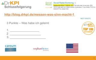 22
3 Punkte – Was habe ich gelernt
1. __________________
2 ___________________
3. ______________________
Schlussfolgerung
http://blog.drkpi.de/messen-was-sinn-macht-1
 