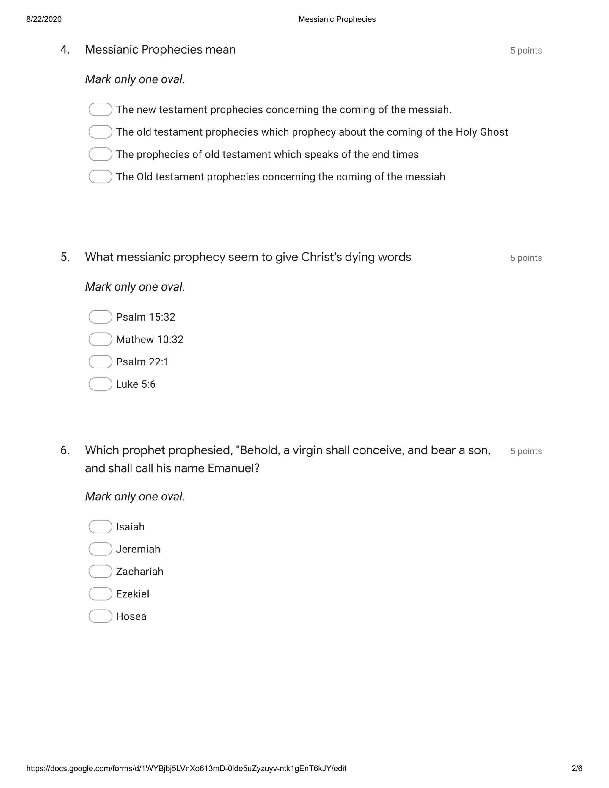 Messianic Prophecies Quiz | PDF