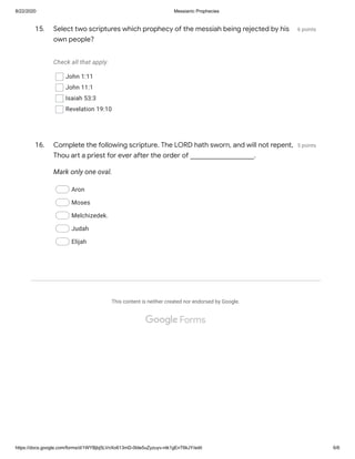 Messianic Prophecies Quiz | PDF