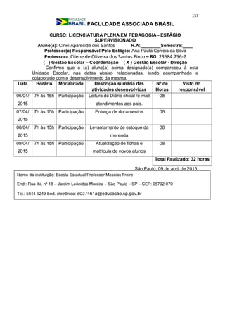 157
FACULDADE ASSOCIADA BRASIL
CURSO: LICENCIATURA PLENA EM PEDAGOGIA - ESTÁGIO
SUPERVISIONADO
Aluno(a): Cirlei Aparecida dos Santos R.A:________Semestre:____
Professor(a) Responsável Pelo Estágio: Ana Paula Correia da Silva
Professora: Cilene de Oliveira dos Santos Pinto – RG: 23584.756-2
( ) Gestão Escolar – Coordenação ( X ) Gestão Escolar - Direção
Confirmo que o (a) aluno(a) acima designado(a) compareceu à esta
Unidade Escolar, nas datas abaixo relacionadas, tendo acompanhado e
colaborado com o desenvolvimento da mesma.
Data Horário Modalidade Descrição sumária das
atividades desenvolvidas
Nº de
Horas
Visto do
responsável
06/04/
2015
7h às 15h Participação Leitura do Diário oficial /e-mail
atendimentos aos pais.
08
07/04/
2015
7h às 15h Participação Entrega de documentos 08
08/04/
2015
7h às 15h Participação Levantamento de estoque da
merenda
08
09/04/
2015
7h às 15h Participação Atualização de fichas e
matricula de novos alunos
08
Total Realizado: 32 horas
São Paulo, 09 de abril de 2015.
Nome da instituição: Escola Estadual Professor Messias Freire
End.: Rua Ibi, nº 18 – Jardim Leônidas Moreira – São Paulo – SP – CEP: 05792-070
Tel.: 5844 9249 End. eletrônico: e037461a@educacao.sp.gov.br
_________________________________
 