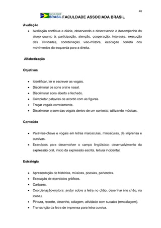 48
FACULDADE ASSOCIADA BRASIL
Avaliação
 Avaliação contínua e diária, observando e descrevendo o desempenho do
aluno quanto à: participação, atenção, cooperação, interesse, execução
das atividades, coordenação viso-motora, execução correta dos
movimentos da esquerda para a direita.
Alfabetização
Objetivos
 Identificar, ler e escrever as vogais.
 Discriminar os sons oral e nasal.
 Discriminar sons aberto e fechado.
 Completar palavras de acordo com as figuras.
 Traçar vogais corretamente.
 Discriminar o som das vogais dentro de um contexto, utilizando músicas.
Conteúdo
 Palavras-chave e vogais em letras maiúsculas, minúsculas, de imprensa e
cursivas.
 Exercícios para desenvolver o campo lingüístico: desenvolvimento da
expressão oral, início da expressão escrita, leitura incidental.
Estratégia
 Apresentação de histórias, músicas, poesias, parlendas.
 Execução de exercícios gráficos.
 Cartazes.
 Coordenação-motora: andar sobre a letra no chão, desenhar (no chão, na
lousa).
 Pintura, recorte, desenho, colagem, atividade com sucatas (embalagem).
 Transcrição da letra de imprensa para letra cursiva.
 
