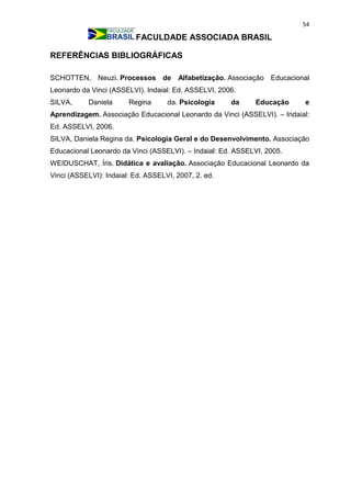 54
FACULDADE ASSOCIADA BRASIL
REFERÊNCIAS BIBLIOGRÁFICAS
SCHOTTEN, Neuzi. Processos de Alfabetização. Associação Educacional
Leonardo da Vinci (ASSELVI). Indaial: Ed. ASSELVI, 2006.
SILVA, Daniela Regina da. Psicologia da Educação e
Aprendizagem. Associação Educacional Leonardo da Vinci (ASSELVI). – Indaial:
Ed. ASSELVI, 2006.
SILVA, Daniela Regina da. Psicologia Geral e do Desenvolvimento. Associação
Educacional Leonardo da Vinci (ASSELVI). – Indaial: Ed. ASSELVI, 2005.
WEIDUSCHAT, Íris. Didática e avaliação. Associação Educacional Leonardo da
Vinci (ASSELVI): Indaial: Ed. ASSELVI, 2007, 2. ed.
 
