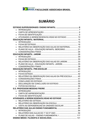 FACULDADE ASSOCIADA BRASIL
SUMÁRIO
ESTÁGIO SUPERVISIONADO: ENSINO INFANTIL: ............................................ 6
 INTRODUÇÃO .............................................................................................. 7
 CARTA DE APRESENTAÇÃO...................................................................... 8
 FICHA DE IDENTIFICAÇÃO......................................................................... 9
 ATIVIDADES A SEREM DESENVOLVIDAS NO ESTÁGIO ...................... 10
EDUCAÇÃO INFANTIL: MATERNAL................................................................... 14
 INTRODUÇÃO ............................................................................................ 15
 FICHA DE ESTÁGIO................................................................................... 16
 RELATÓRIO DA OBSERVAÇÃO DAS AULAS DO MATERNAL............... 19
 PLANO DE AULA – EDUCAÇÃO INFANTIL: BERCÁRIO ......................... 21
 CONSIDERAÇÕES FINAIS ........................................................................ 26
EDUCAÇÃO INFANTIL: JARDIM......................................................................... 28
 INTRODUÇÃO ............................................................................................ 29
 FICHA DE ESTÁGIO................................................................................... 30
 RELATÓRIO DA OBSERVAÇÃO DAS AULAS DO JARDIM..................... 33
 PLANO DE AULA – EDUCAÇÃO INFANTIL: JARDIM............................... 35
 CONSIDERAÇÕES FINAIS ........................................................................ 38
EDUCAÇÃO INFANTIL: PRÉ-ESCOLAR ............................................................ 40
 INTRODUÇÃO ............................................................................................ 41
 FICHA ESTÁGIO......................................................................................... 42
 RELATÓRIO DA OBSERVAÇÃO DAS AULAS DA PRÉ-ESCOLA ........... 45
 CONSIDERAÇÕES FINAIS ........................................................................ 51
 CONCLUSÃO DO ESTÁGIO ...................................................................... 53
 DECLARAÇÃO DE CONCLUSÃO DO ESTÁGIO...................................... 55
 FOTOS DA ESCOLA .................................................................................. 56
E.E. PROFESOOR MESSIAS FREIRE................................................................. 61
 INTRODUÇÃO ............................................................................................ 62
 CARTA DE AAPRESENTAÇÃO ................................................................. 63
 FICHA DE IDENTIFICAÇÃO....................................................................... 64
ATIVIDADES A SEREM DESENVOLVIDAS NO ESTÁGIO ................................ 66
 RELATÓRIO DE ESTÁGIO......................................................................... 67
 RELATÓRIO DA OBSERVAÇÃO DA ESCOLA ......................................... 67
 VISITA AS DEPENDENCIAS DA UNIDADE ESCOLAR............................ 68
RELATÓRIO DAS AULAS ENSINO FUNDAMENTAL ........................................ 84
 INTRODUÇÃO ............................................................................................ 84
 RELATÓRIO DAS AULAS DO 1º AO 5º ANO............................................ 94
 PLANO DE AULAS – ENSINO FUNDAMENTAL I ................................... 117
ENSINO MÉDIO: FILOSOFIA E SOCIOLOGIA.................................................. 131
 