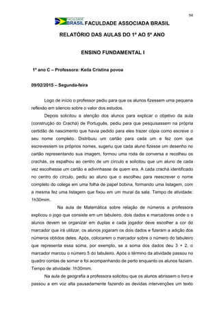 94
FACULDADE ASSOCIADA BRASIL
RELATÓRIO DAS AULAS DO 1º AO 5º ANO
ENSINO FUNDAMENTAL I
1º ano C – Professora: Keila Cristina povoa
09/02/2015 – Segunda-feira
Logo de início o professor pediu para que os alunos fizessem uma pequena
reflexão em silencio sobre o valor dos estudos.
Depois solicitou a atenção dos alunos para explicar o objetivo da aula
(construção do Crachá) de Português, pediu para que pesquisassem na própria
certidão de nascimento que havia pedido para eles trazer cópia como escreve o
seu nome completo. Distribuiu um cartão para cada um e fez com que
escrevessem os próprios nomes, sugeriu que cada aluno fizesse um desenho no
cartão representando sua imagem, formou uma roda de conversa e recolheu os
crachás, os espalhou ao centro de um círculo e solicitou que um aluno de cada
vez escolhesse um cartão e adivinhasse de quem era. A cada crachá identificado
no centro do círculo, pediu ao aluno que o escolheu para reescrever o nome
completo do colega em uma folha de papel bobina, formando uma listagem, com
a mesma fez uma listagem que fixou em um mural da sala. Tempo de atividade:
1h30mim.
Na aula de Matemática sobre relação de números a professora
explicou o jogo que consiste em um tabuleiro, dois dados e marcadores onde o s
alunos devem se organizar em duplas e cada jogador deve escolher a cor do
marcador que irá utilizar, os alunos jogaram os dois dados e fizeram a adição dos
números obtidos deles. Após, colocarem o marcador sobre o número do tabuleiro
que representa essa soma, por exemplo, se a soma dos dados deu 3 + 2, o
marcador marcou o número 5 do tabuleiro. Após o término da atividade passou no
quadro contas de somar e foi acompanhando de perto enquanto os alunos faziam.
Tempo de atividade: 1h30mim.
Na aula de geografia a professora solicitou que os alunos abrissem o livro e
passou a em voz alta pausadamente fazendo as devidas intervenções um texto
 