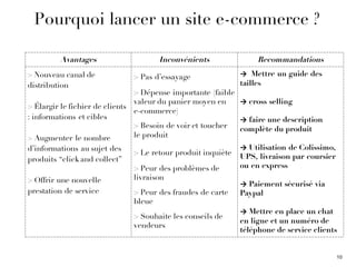 Avantages Inconvénients Recommandations
> Nouveau canal de
distribution
> Élargir le fichier de clients
: informations et cibles
> Augmenter le nombre
d’informations au sujet des
produits “click and collect”
> Offrir une nouvelle
prestation de service
> Pas d’essayage
> Dépense importante (faible
valeur du panier moyen en
e-commerce)
> Besoin de voir et toucher
le produit
> Le retour produit inquiète
> Peur des problèmes de
livraison
> Peur des fraudes de carte
bleue
> Souhaite les conseils de
vendeurs
→ Mettre un guide des
tailles
→ cross selling
→ faire une description
complète du produit
→ Utilisation de Colissimo,
UPS, livraison par coursier
ou en express
→ Paiement sécurisé via
Paypal
→ Mettre en place un chat
en ligne et un numéro de
téléphone de service clients
10
Pourquoi lancer un site e-commerce ?
 