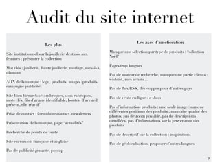 Audit du site internet
Les plus
Site institutionnel sur la joaillerie destinée aux
femmes : présenter la collection
Mot clés : joaillerie, haute joaillerie, mariage, messika,
diamant
ADN de la marque : logo, produits, images (produits,
campagne publicité)
Site bien hiérarchisé : rubriques, sous rubriques,
mots clés, fils d’ariane identifiable, bouton d’accueil
présent, clic réactif
Prise de contact : formulaire contact, newsletters
Présentation de la marque, page “actualités”
Recherche de points de vente
Site en version française et anglaise
Pas de publicité gênante, pop up
Les axes d’amélioration
Manque une sélection par type de produits : “sélection
Noël”
Pages trop longues
Pas de moteur de recherche, manque une partie clients :
wishlist, mes achats …
Pas de flux RSS, développer pour d’autres pays
Pas de vente en ligne : e shop
Pas d’information produits : une seule image (manque
différentes positions des produits), mauvaise qualité des
photos, pas de zoom possible, pas de descriptions
détaillées, pas d’informations sur la provenance des
produits
Pas de descriptif sur la collection : inspirations
Pas de géolocalisation, proposer d’autres langues
7
 
