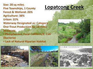 Lopatcong Creek
Size: 20 sq miles
Five Townships, 1 County
Forest & Wetland: 26%
Agriculture: 38%
Urban: 31%
Waterway Designated as: Category
One-Trout Production for 18 miles
Stressors:
• Phosphorous, Fecal Coliform/E. Coli
(Bacteria)
• Lack of Natural Riparian Habitat
 