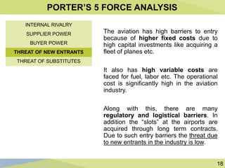18
PORTER’S 5 FORCE ANALYSIS
The aviation has high barriers to entry
because of higher fixed costs due to
high capital investments like acquiring a
fleet of planes etc.
It also has high variable costs are
faced for fuel, labor etc. The operational
cost is significantly high in the aviation
industry.
Along with this, there are many
regulatory and logistical barriers. In
addition the “slots” at the airports are
acquired through long term contracts.
Due to such entry barriers the threat due
to new entrants in the industry is low.
INTERNAL RIVALRY
SUPPLIER POWER
BUYER POWER
THREAT OF NEW ENTRANTS
THREAT OF SUBSTITUTES
 