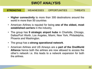 22
SWOT ANALYSIS
• Higher connectivity to more than 300 destinations around the
world in more than 50 countries
• American Airlines is reputed for being one of the oldest, most
established carriers in the industry.
• The group has 9 strategic airport hubs in Charlotte, Chicago,
Dallas/Fort Worth, Los Angeles, Miami, New York, Philadelphia,
Phoenix and Washington.
• The group has a strong operational network.
• American Airlines and US Airways are a part of the OneWorld
Alliance hence both the airlines are now allowed to access the
other’s network i.e. this leads to a network expansion for both
the airlines.
STRENGTHS WEAKNESSES OPPORTUNITIES THREATS
 