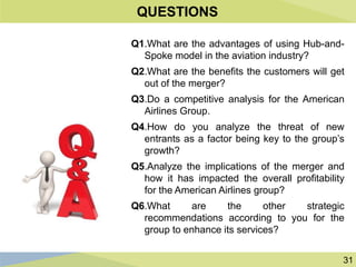 31
QUESTIONS
Q1.What are the advantages of using Hub-and-
Spoke model in the aviation industry?
Q2.What are the benefits the customers will get
out of the merger?
Q3.Do a competitive analysis for the American
Airlines Group.
Q4.How do you analyze the threat of new
entrants as a factor being key to the group’s
growth?
Q5.Analyze the implications of the merger and
how it has impacted the overall profitability
for the American Airlines group?
Q6.What are the other strategic
recommendations according to you for the
group to enhance its services?
 
