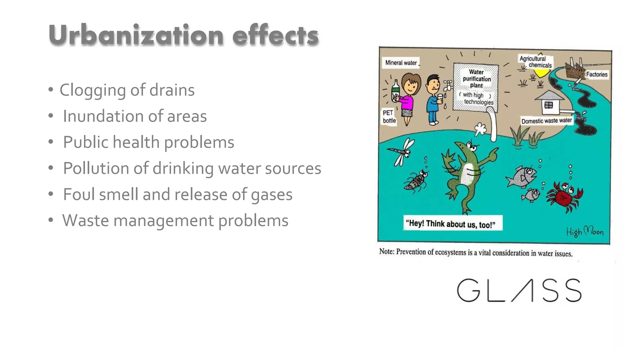 Urbanization effects
• Clogging of drains
• Inundation of areas
• Public health problems
• Pollution of drinking water sources
• Foul smell and release of gases
• Waste management problems
 