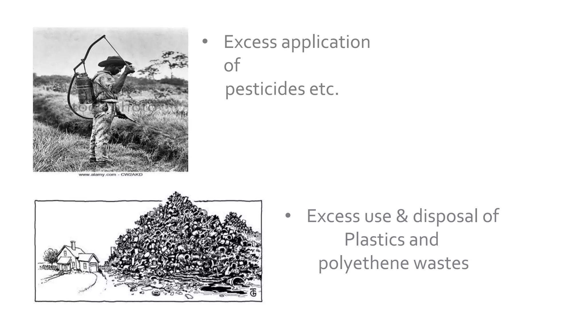 • Excess application
of
pesticides etc.
• Excess use & disposal of
Plastics and
polyethene wastes
 