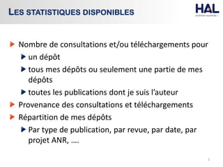 Nombre de consultations et/ou téléchargements pour
un dépôt
tous mes dépôts ou seulement une partie de mes
dépôts
toutes les publications dont je suis l’auteur
Provenance des consultations et téléchargements
Répartition de mes dépôts
Par type de publication, par revue, par date, par
projet ANR, ….
2
LES STATISTIQUES DISPONIBLES
 