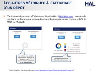 6
LES AUTRES MÉTRIQUES À L’AFFICHAGE
D’UN DÉPÔT
D’autres métriques sont affichées avec l’application d’Altmetric.com : nombre de
mentions sur les réseaux sociaux d’un identifiant de document comme le DOI, le
PMID ou l’ArXiv ID
Nombre de mentions de
l’identifiant du document
Les métadonnées du dépôt
contiennent un identifiant de
document mais il n’y a
aucune mention répertoriée
sur les réseaux sociaux
Pour le détail des sources utilisées, voir https://www.altmetric.com/about-altmetrics/our-sources/
 