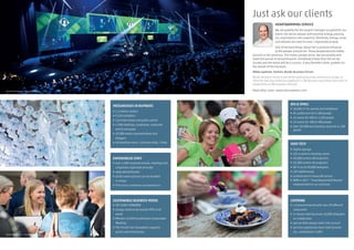 EXPERIENCED STAFF
•	 over 1,500 corporate events, meetings and
congresses organized annually
•	 dedicated & flexible
•	 all the event services can be handled
in-house
•	 97% of our customers recommend us
Nordic Business Forum & Studio Kraft
Nordic Business Forum & Studio Kraft
SUSTAINABLE BUSINESS MODEL
•	 ISO 14001 STANDARD
•	 energy solutions & recycles 99% of all
waste
•	 Member of ICCA Scandinavian Sustainable
Meetings
•	 The Finnish Fair Foundation supports
grants and scholarships
MESSUKESKUS IN NUMBERS
•	 1.3 million visitors
•	 9,250 exhibitors
•	 116 trade shows and public events
•	 1,500 meetings, congresses, corporate
events and galas
•	 10,000 media representatives and
bloggers
•	 40 meeting rooms, 13 lecture halls, 7 halls HIGH TECH
•	 digital signage
•	 LCD-screens in meeting rooms
•	 40,000 lumens HD projectors
•	 35,000 lumens 4K projectors
•	 WI-FI up to 20,000 delegates
•	 LED-lighted walls
•	 professional in-house AV-service
•	 NEW in 2017: ”Fixed Augmented Reality”
implemented on our premises
BIG & SMALL
•	 58,000 m² for events and exhibitions
•	 An auditorium for 4,300 people
•	 14 rooms for 400 to 1,100 people
•	 14 rooms for 100 to 400 people
•	 Over 20 different meeting rooms for 6–100
guests
HEARTWARMING SERVICE
Nordic Business Forum has taken place annually in
Finland since 2010. This visually amazing event is
targeted for business leaders and has grown from 700
to 6,000 participants with speakers such as Arianna
Huffington, Arnold Schwarzenegger, Al Gore, Sir Richard
Branson, Garri Kasparov and George Clooney to mention
few. The expectation level for this event is extremely
high, but these levels have always been exceeded and tickets are quickly
sold out. Messukeskus has hosted the Finland event since 2014 and is in
charge of the AV services including 29 projectors and multiple screens, the
largest being 500 m².
“We have enjoyed working with Messukeskus building up the annual
Nordic Business Forum. Messukeskus has a lot of very talented people who
do a remarkable job!”
Hans-Peter Siefen, Co-founder & CEO, Nordic Business Forum
More case studies: messukeskus.com
Just ask our clients
CATERING
•	 a restaurant world with over 20 different
restaurants
•	 in-house catering serves 10,000 delegates
on a daily basis
•	 special diets always taken into account
•	 services supplied by Fazer Food Services
Ltd., established in 1891
 