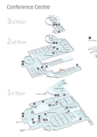 Terra Nova
Brasserie
301 302
303
304
305
306
307
308
201
202
203
204
205
206
207
208
209
210
211
212
213
214
215
216
217
218
216A
101
D
C
B A
102
104
A
B
103
A
B
Restaurant
Buffet
Club Restaurant
Exhibitor Lounge
Press
Southern lobby
Winter Garden
Winter Garden
Cabinet
Lobby
Conference
Centre
Stage
Southern Entrance
Hotel
Conference Centre
Sauna
1st floor
3rd floor
2nd floor
Conference Centre Meeting Rooms Seats
m2 Theatre
style
Classroom
style
Conference
table
1st floor
Meeting room 101 961 1100 * 680 -
101 abc 744 770 520 * -
101 ab 486 400 320 * -
101 cd 470 400 250 * -
101 c 253 204 120 * -
101 d 212 177 120 * -
Meeting room 102 192 200 120 * 50
Meeting room 103 387 370 232 * -
Meeting room 103 a 225 250 120 * 38
Meeting room 103 b 144 150 80 * 20
2nd floor
Meeting room 201 95 106 * (auditorium) - -
Meeting room 202 29 - - 8 * (lounge furnishing)
Meeting room 203 200 170 140 * 36
203a 112 85 56 26
203b 84 54 36 26
Meeting room 204–205 186 160 126 50
204 93 75 60 * 26
205 91 69 54 * 22
Meeting room 206 122 100 70 * 34
Meeting room 207 125 100 70 * 32
Meeting room 208 253 240 120 * 32
Meeting room 209 90 80 40 * 24
Meeting room 210 63 - - 18 *
Meeting room 211 38 - - 16 *
Meeting room 212 38 - - 16 *
Meeting room 213 37 - - 16 *
Meeting room 214 39 - - 14 *
Meeting room 215 70 45 40 * 24
Meeting room 216 78 60 40 * 24
Meeting room 216 a 30 - - 8 * (lounge furnishing)
Meeting room 217 52 36 24 18 *
Meeting room 218 51 36 24 * 18
3rd floor
Meeting room 301–302 42 - - 16
301 21 - - 8 *
302 21 - - 8 *
Meeting room 303–304 42 - - 16 *
303 21 - - 8
304 21 - - 8
Meeting room 305 21 - - 8 *
Meeting room 306 60 50 24 * 18
Meeting room 307 36 - - 16 *
Meeting room 308 36 - - 16 *
Other facilities
Winter Garden 508 - 308 * (table groups) -
Winter Garden Cabinet 211 146 92 * 42
Hotel suites (5 pcs) 35 - - 6 *
Restaurant Buffet 337 - 200 * (table groups) -
Terrance Lounge 60 - - 12 * (+ lounge furnishing)
Press Room - - table groups * (+ lounge furnishing)
Exhibitor Lounge 50 40 35 * (+ lounge furnishing)
* Basic furniture More information on facilities: www.messukeskus.com/facilities
 