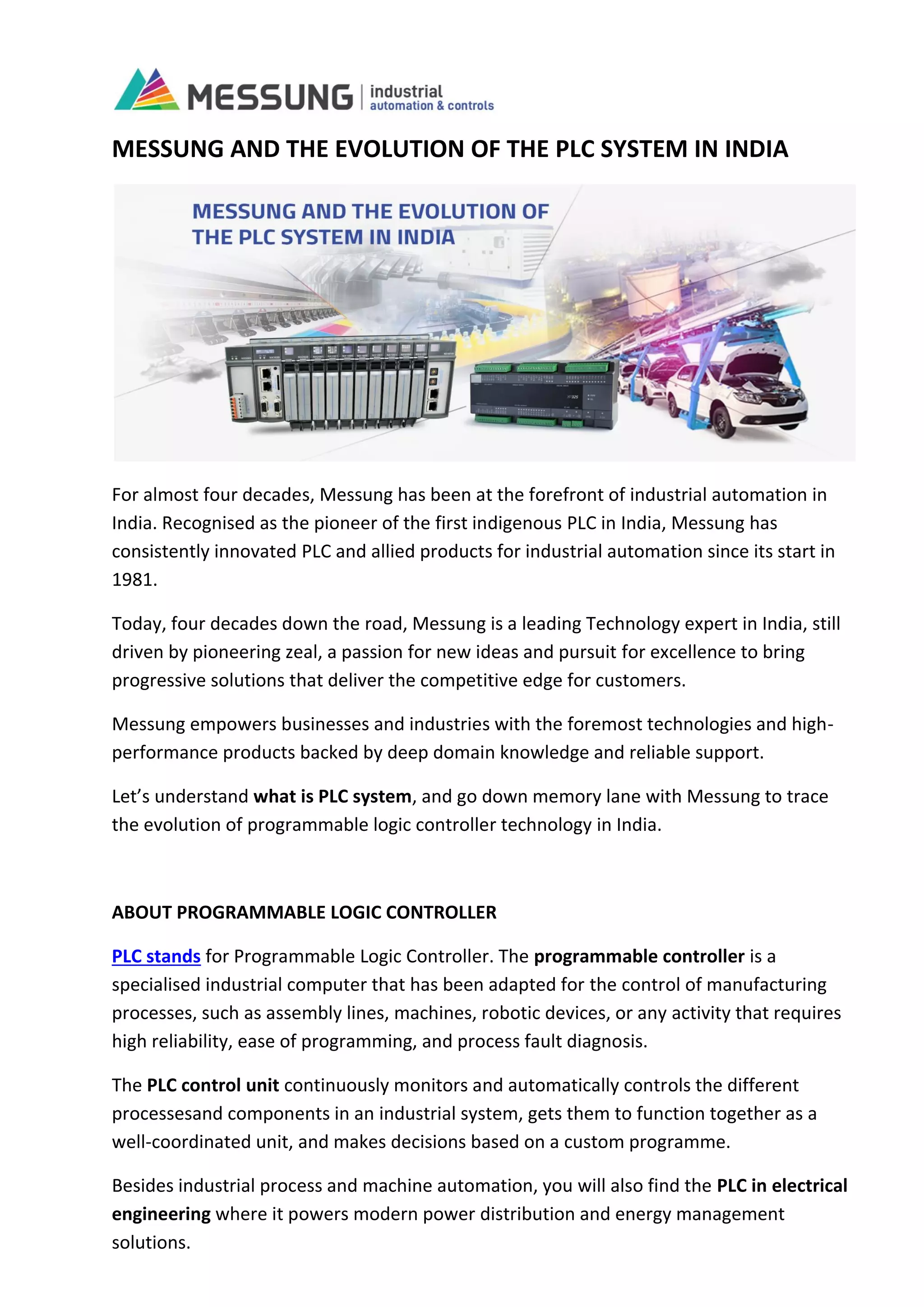 Plc Evolution MESSUNG AND THE EVOLUTION OF THE PLC SYSTEM IN INDIA | PDF