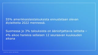 D E N T S U A E G I S N E T W O R K
55% amerikkaislaistalouksista ennustetaan olevan
älylaitteita 2022 mennessä.
Suomessa jo 3% talouksista on ääniohjattavia laitteita –
4% aikoo hankkia sellaisen 12 seuraavan kuukauden
aikana
 