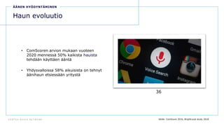 D E N T S U A E G I S N E T W O R K
36
ÄÄNEN HYÖDYNTÄMINEN
Haun evoluutio
• ComScoren arvion mukaan vuoteen
2020 mennessä 50% kaikista hauista
tehdään käyttäen ääntä
• Yhdysvalloissa 58% aikuisista on tehnyt
äänihaun etsiessään yritystä
lähde: ComScore 2016, BrightLocal study 2018
 