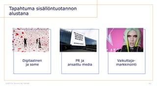 D E N T S U A E G I S N E T W O R K 6 3
Tapahtuma sisällöntuotannon
alustana
Digitaalinen
ja some
PR ja
ansaittu media
Vaikuttaja-
markkinointi
 