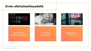 D E N T S U A E G I S N E T W O R KD E N T S U A E G I S N E T W O R K
Kokemusten
merkityksellisyys
Aitouden
arvonnousu
Digitaalinen +
fyysinen
7 7
Erotu elämyksellisyydellä
 