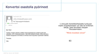 D E N T S U A E G I S N E T W O R K
83
Konvertoi osastolla pyörineet
1 minuutti henkilökohtaiselta tuntuvan
mailin kirjoittamiseen voi olla se kriittinen
tekijä, joka tarvitaan kaupan
klousaamiseen.
”Minä muistan sinut”
 