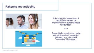 D E N T S U A E G I S N E T W O R K
84
Rakenna myyntipolku
Joko myyjien osaamisen &
resurssien varaan tai
markkinoinnin automaatiota
hyödyntäen.
***
Suunnittele ennakkoon, jotta
voit aloittaa heti messujen
jälkeen, kun olet vielä
tuoreena muistissa.
 
