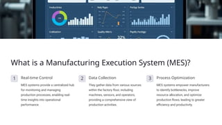 What is a Manufacturing Execution System (MES)?
1 Real-time Control
MES systems provide a centralized hub
for monitoring and managing
production processes, enabling real-
time insights into operational
performance.
2 Data Collection
They gather data from various sources
within the factory floor, including
machines, sensors, and operators,
providing a comprehensive view of
production activities.
3 Process Optimization
MES systems empower manufacturers
to identify bottlenecks, improve
resource allocation, and optimize
production flows, leading to greater
efficiency and productivity.
 