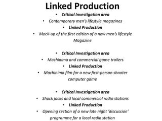 Linked ProductionCritical Investigation areaContemporary men’s lifestyle magazinesLinked ProductionMock-up of the first edition of a new men’s lifestyleMagazineCritical Investigation areaMachinima and commercial game trailersLinked ProductionMachinima film for a new first-person shootercomputer gameCritical Investigation areaShock jocks and local commercial radio stationsLinked ProductionOpening section of a new late night ‘discussion’programme for a local radio station