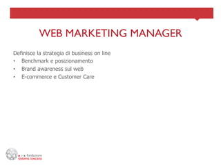 WEB MARKETING MANAGER	

Definisce la strategia di business on line
•  Benchmark e posizionamento
•  Brand awareness sul web
•  E-commerce e Customer Care
 