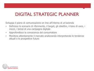 DIGITAL STRATEGIC PLANNER	

Sviluppa il piano di comunicazione on line all’interno di un’azienda
•  Definisce lo scenario di riferimento, il target, gli obiettivi, il tono di voce, i
    mezzi, i tempi di una campagna digitale
•  Approfondisce la conoscenza del consumatore
•  Monitora attentamente il mercato analizzando interpretando le tendenze
    attuali e le prospettive future
 