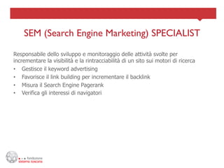 SEM (Search Engine Marketing) SPECIALIST	

Responsabile dello sviluppo e monitoraggio delle attività svolte per
incrementare la visibilità e la rintracciabilità di un sito sui motori di ricerca
•  Gestisce il keyword advertising
•  Favorisce il link building per incrementare il backlink
•  Misura il Search Engine Pagerank
•  Verifica gli interessi di navigatori
 